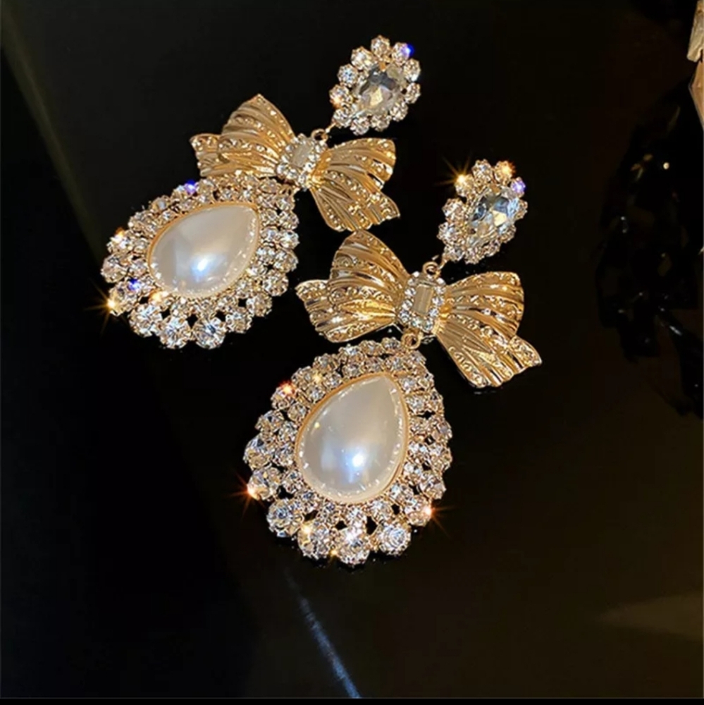 AMAZING! Vintage style earrings bow crystal rhinestones pearl BIG wedding Bride - Picture 14 of 16